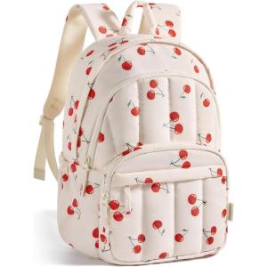 BAGSMART Travel Laptop Backpack, College Backpack for Women, Quilted Small Computer Bookbag, Water-Resistant 15.6 Inch Laptop Casual Bag, Beige(15-cherry Print)