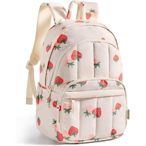 BAGSMART Travel Laptop Backpack, College Backpack for Women, Quilted Small Computer Bookbag, Water-Resistant 15.6 Inch Laptop Casual Bag, Beige(16-strawberry Print)