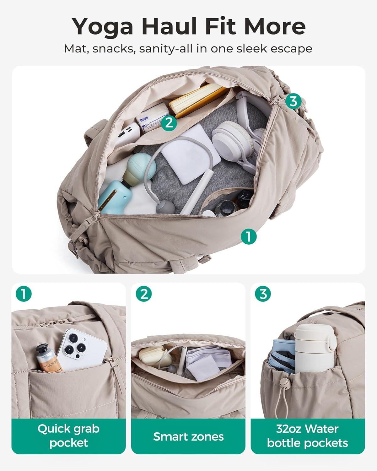 image:imageBAGSMART Reiki Gym Bag for Women Medium Yoga Mat Crossbody Bag with Wet amp Dry Pocket Quilted Gym Shoulder Bag for Weekend Lavender Gray15LSand Brown