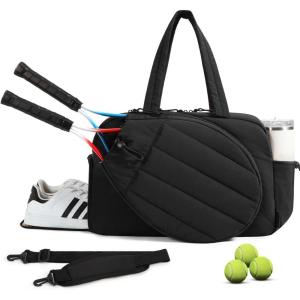 BAGSMART Tennis Gym Bag for Women, Tennis Bag Holds 2 Rackets with Shoe Compartment & Wet Pocket, Sports Duffle Bags fits up to 15.6″ Laptop, Women Overnight Weekend Bag(A-Black)