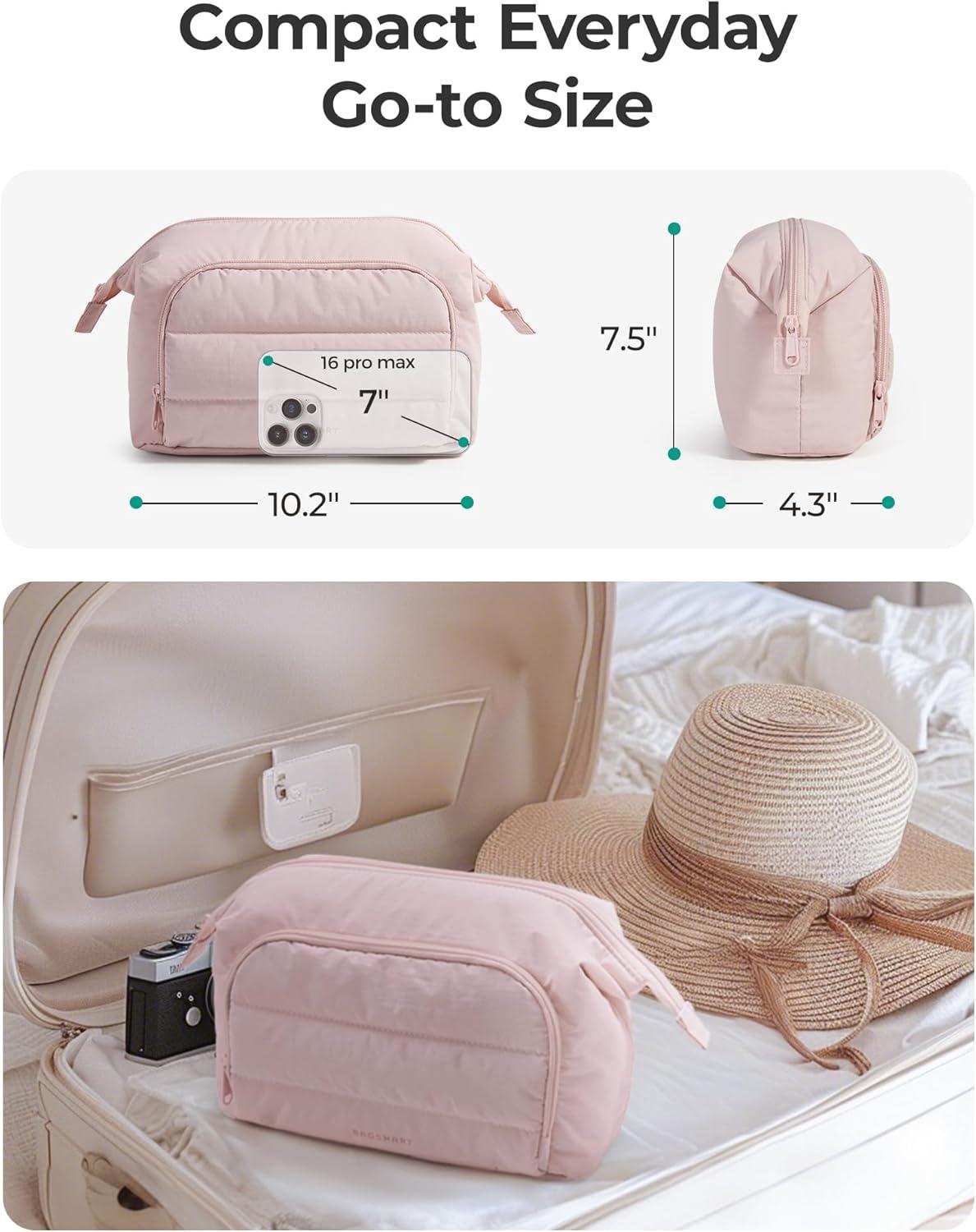 image:imageBAGSMART Makeup Bag Travel Toiletry Bag Puffy Padded Make Up Bags for Women Makeup Organizer Wideopen Pouch Purse Travel Essentials for Toiletries Accessories Brushes CamelBrownPink