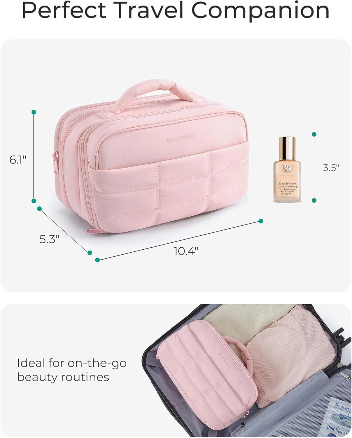 image:imageBAGSMART Toiletry Bag for Women Travel Makeup Bag Wideopen Portable Make Up Bag Organizer for Women for Travel Essentials TravelSize Toiletries Accessories Bottles Brushes Pink