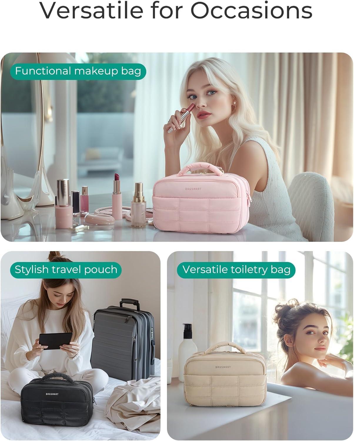 image:imageBAGSMART Toiletry Bag for Women Travel Makeup Bag Wideopen Portable Make Up Bag Organizer for Women for Travel Essentials TravelSize Toiletries Accessories Bottles Brushes Pink