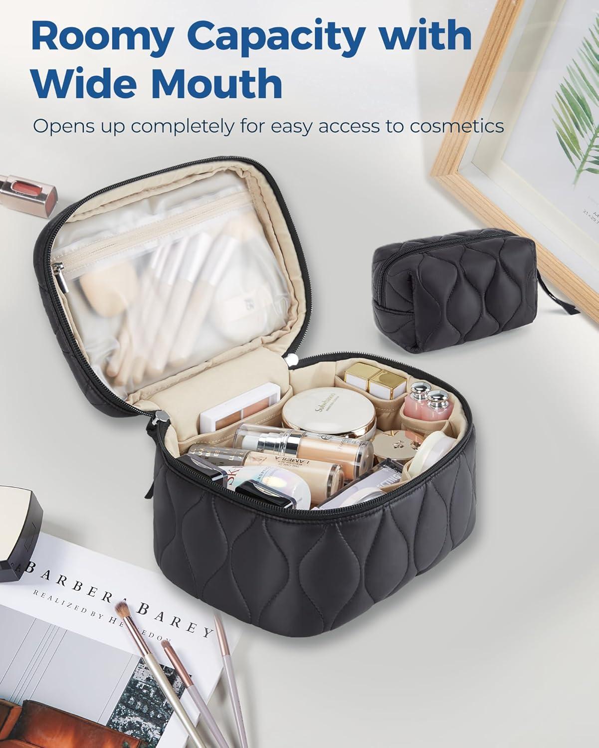 image:imageBAGSMART Travel Makeup Bag 2Piece Puffy Quilted Cute Make Up Bag Cosmetic Bags for Women Large WideOpen Toiletry Pouch Gifts for Toiletries Accessories Travelling Essentials BlackBlack