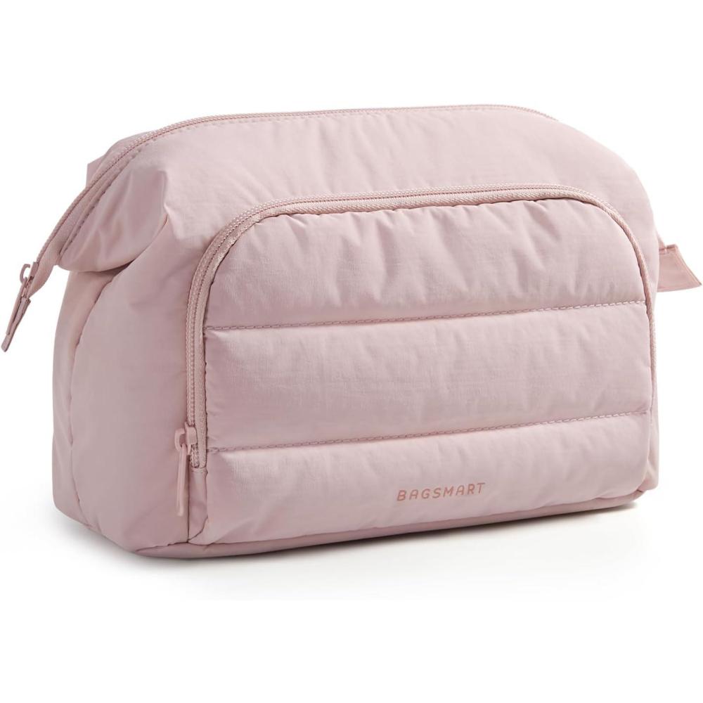 image:imageBAGSMART Makeup Bag Travel Toiletry Bag Puffy Padded Make Up Bags for Women Makeup Organizer Wideopen Pouch Purse Travel Essentials for Toiletries Accessories Brushes CamelBrownPink