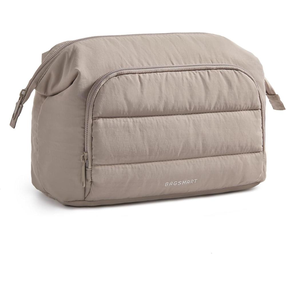 image:imageBAGSMART Makeup Bag Travel Toiletry Bag Puffy Padded Make Up Bags for Women Makeup Organizer Wideopen Pouch Purse Travel Essentials for Toiletries Accessories Brushes CamelBrownBrown