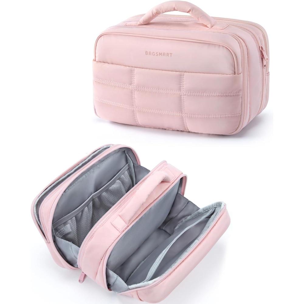 image:imageBAGSMART Toiletry Bag for Women Travel Makeup Bag Wideopen Portable Make Up Bag Organizer for Women for Travel Essentials TravelSize Toiletries Accessories Bottles Brushes Pink