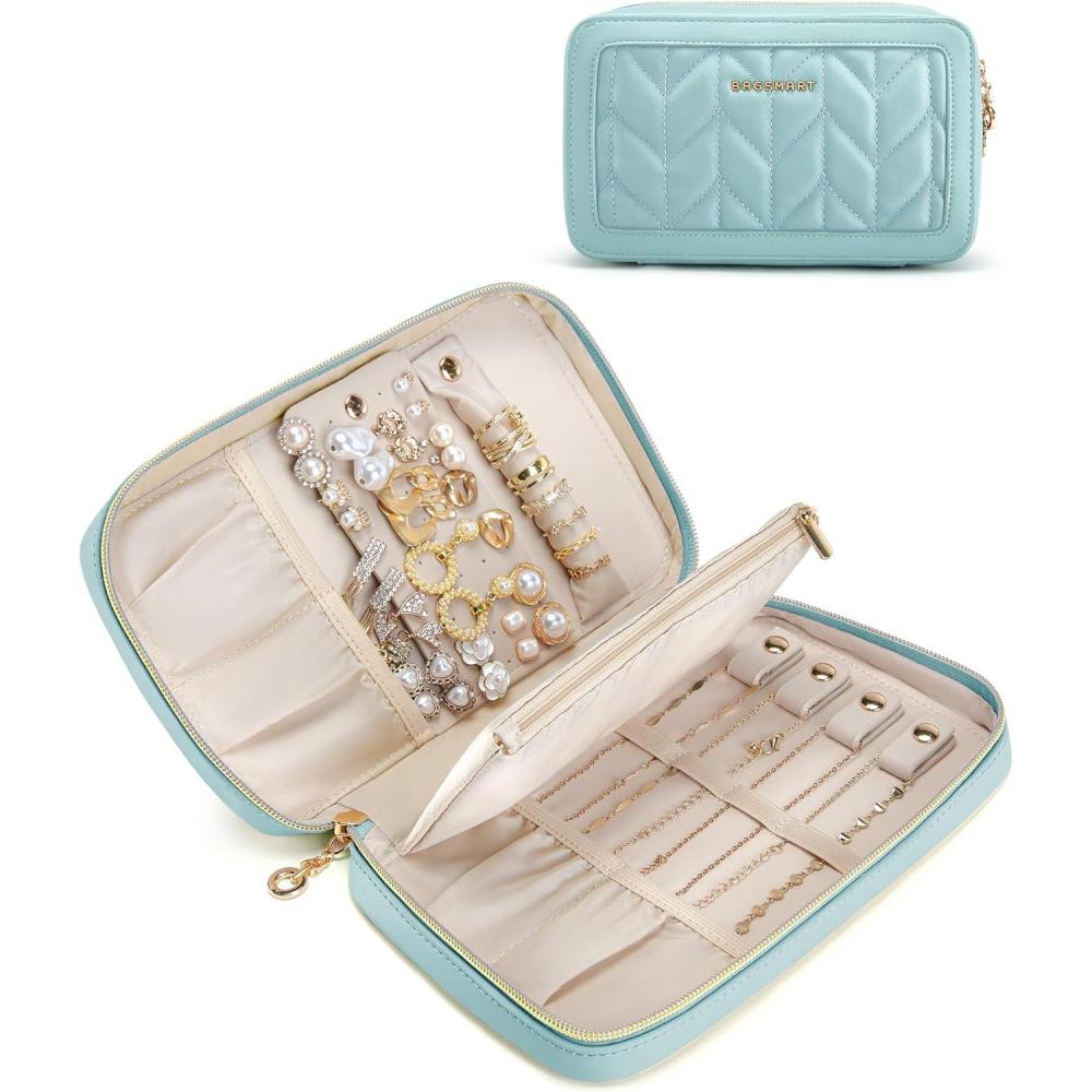image:imageBAGSMART Travel Jewelry Case Jewelry Box Organizers and Storage Earings Holder Organizer for Women for Necklaces Bracelets RingsBeigeAGreen