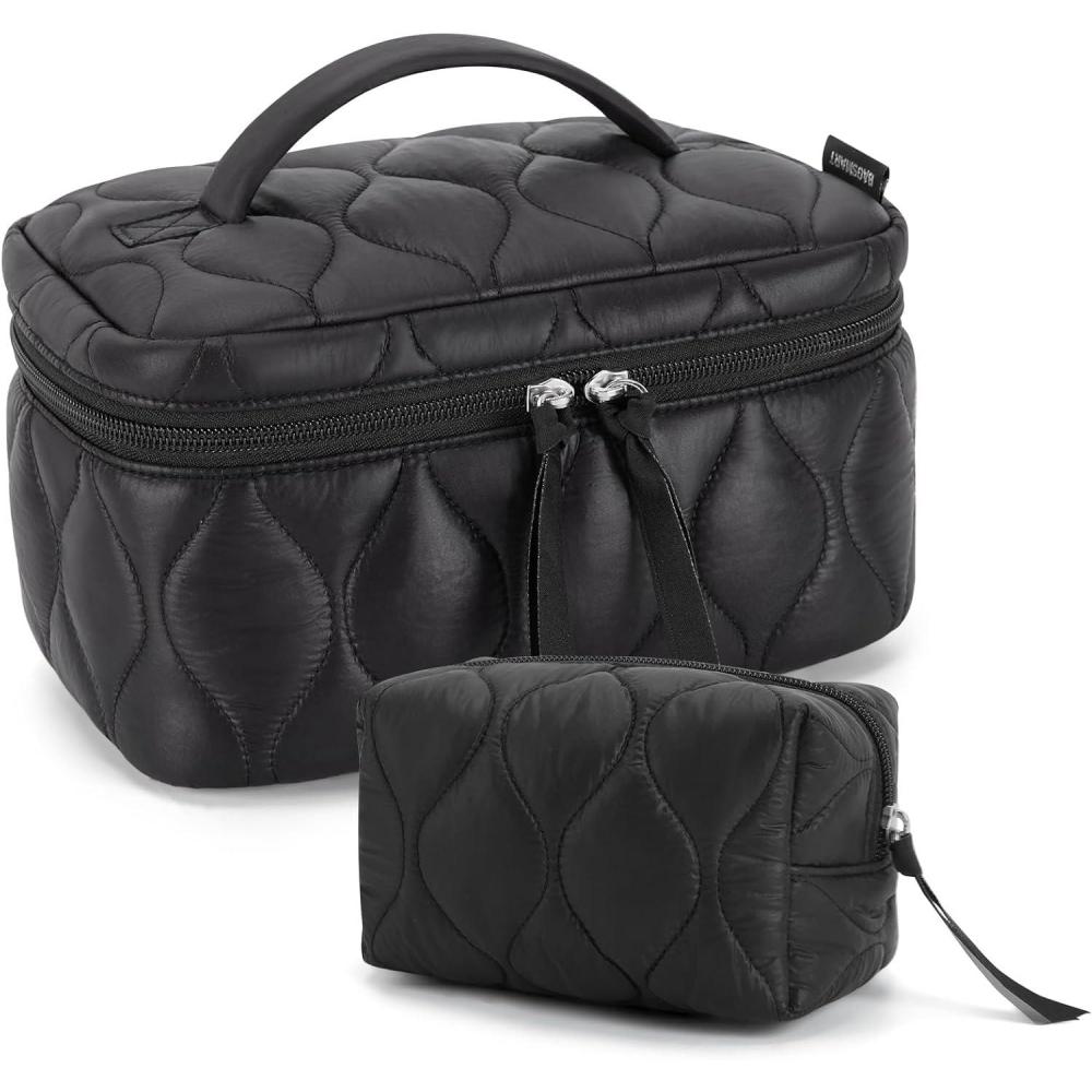 image:imageBAGSMART Travel Makeup Bag 2Piece Puffy Quilted Cute Make Up Bag Cosmetic Bags for Women Large WideOpen Toiletry Pouch Gifts for Toiletries Accessories Travelling Essentials BlackBlack