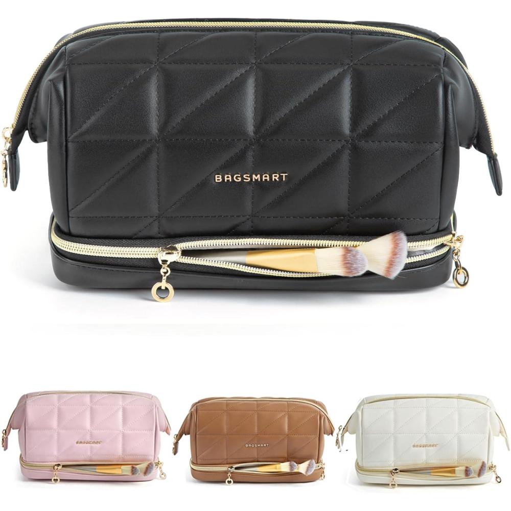 image:imageBAGSMART Travel Makeup Bag PU Leather Waterproof Cosmetic Bags Makeup Bags for Women Large Capacity Make up Bag Wideopen Makeup Pouch for Travel Essentials Bottles Brushes Black