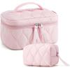 BAGSMART Travel Makeup Bag, 2-Piece Puffy Quilted Cute Make Up Bag Cosmetic Bags for Women, Large Wide-Open Toiletry Pouch Gifts for Toiletries Accessories Travelling Essentials, Black(Pink)
