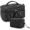BAGSMART Travel Makeup Bag, 2-Piece Puffy Quilted Cute Make Up Bag Cosmetic Bags for Women, Large Wide-Open Toiletry Pouch Gifts for Toiletries Accessories Travelling Essentials, Black(Black)