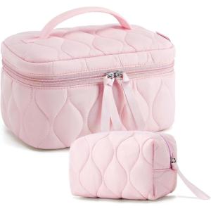 BAGSMART Travel Makeup Bag, 2-Piece Puffy Quilted Cute Make Up Bag Cosmetic Bags for Women, Large Wide-Open Toiletry Pouch Gifts for Toiletries Accessories Travelling Essentials, Black(Pink)