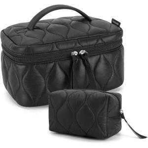 BAGSMART Travel Makeup Bag, 2-Piece Puffy Quilted Cute Make Up Bag Cosmetic Bags for Women, Large Wide-Open Toiletry Pouch Gifts for Toiletries Accessories Travelling Essentials, Black(Black)