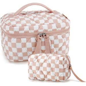 BAGSMART Travel Makeup Bag, 2-Piece Puffy Quilted Cute Make Up Bag Cosmetic Bags for Women, Large Wide-Open Toiletry Pouch Gifts for Toiletries Accessories Travelling Essentials, Black(Checkered Khaki)