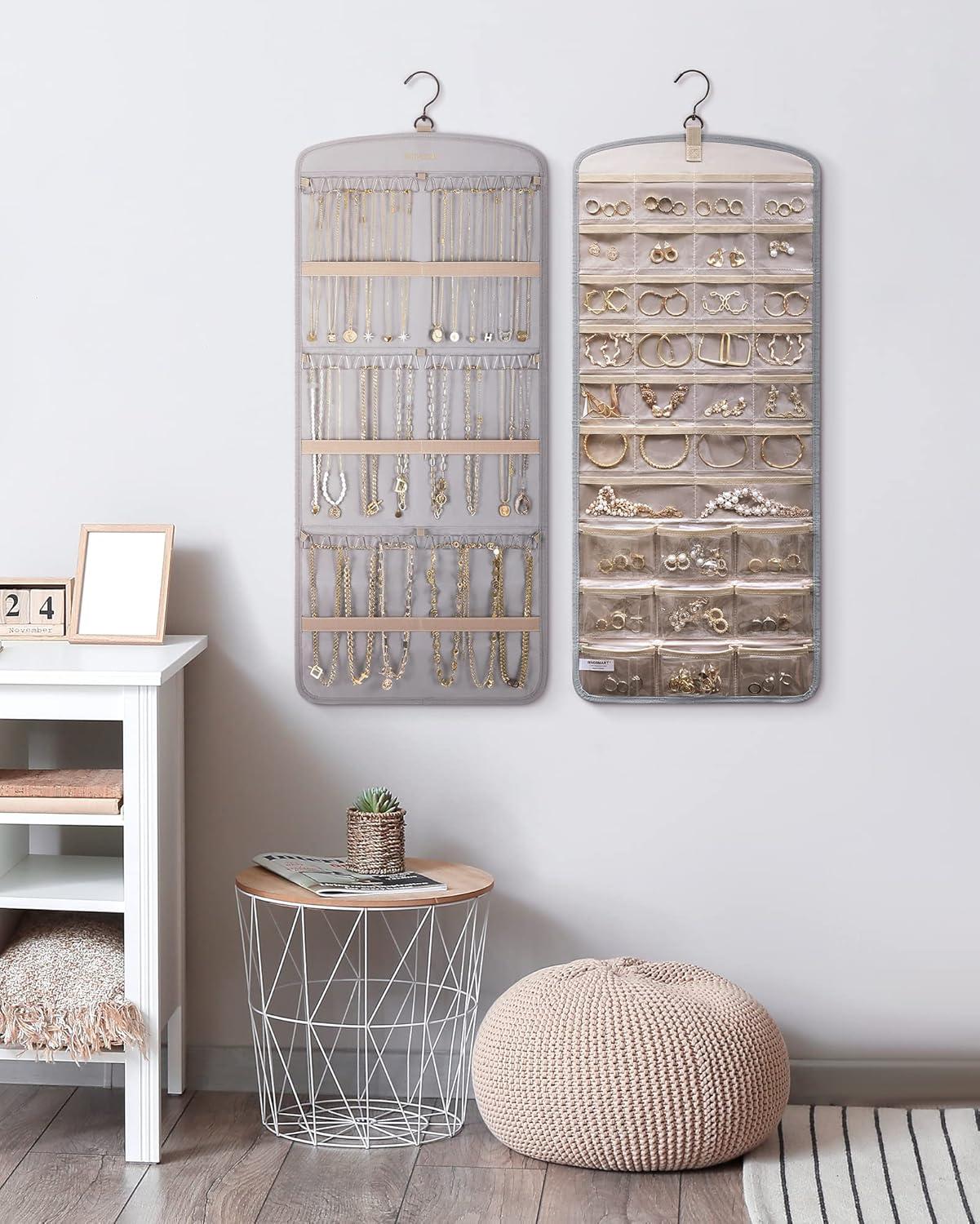 image:imageBAGSMART Hanging Jewelry Organizer Storage with Hanger Metal Hooks DoubleSided Jewelry Holder for Earrings Necklaces Rings on Closet Wall Door 1 piece Large BlackGrey