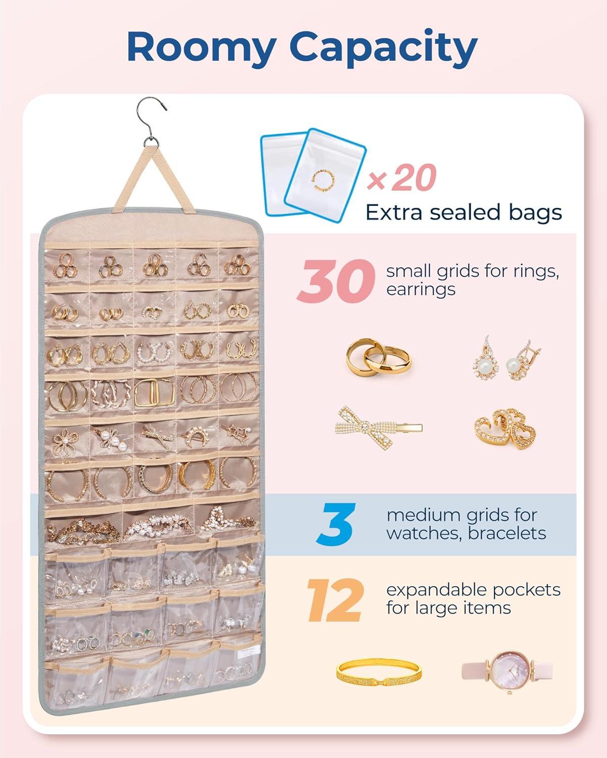 image:imageBAGSMART Hanging Jewelry Organizer Storage with Hanger Metal Hooks DoubleSided Jewelry Holder for Earrings Necklaces Rings on Closet Wall Door 1 piece Large BlackGrey