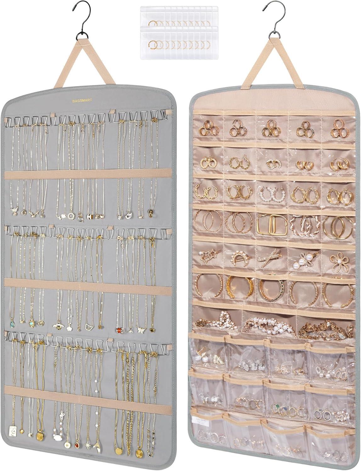 image:imageBAGSMART Hanging Jewelry Organizer Storage with Hanger Metal Hooks DoubleSided Jewelry Holder for Earrings Necklaces Rings on Closet Wall Door 1 piece Large BlackGrey