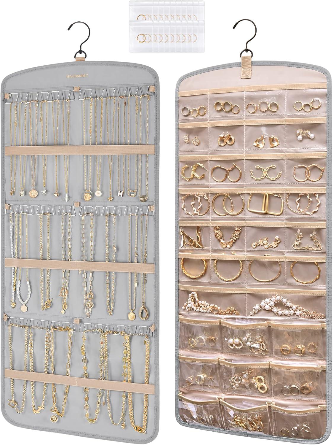 image:imageBAGSMART Hanging Jewelry Organizer Storage with Hanger Metal Hooks DoubleSided Jewelry Holder for Earrings Necklaces Rings on Closet Wall Door 1 piece Large BlackGrey