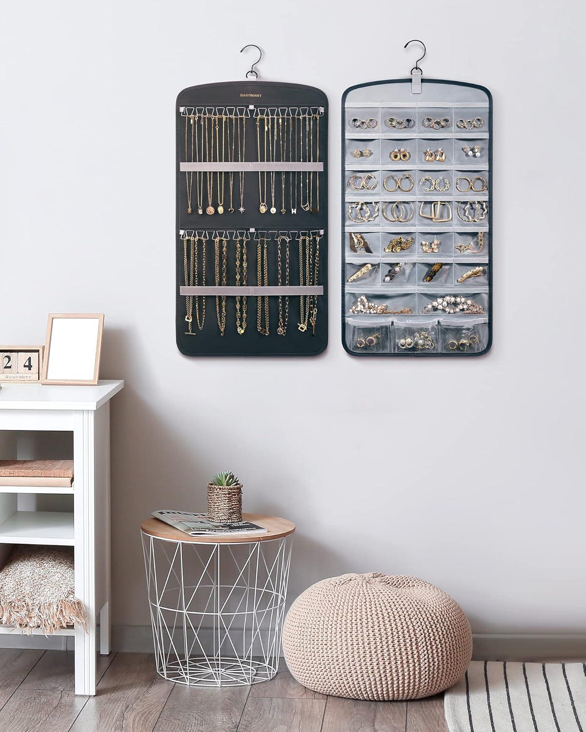 image:imageBAGSMART Hanging Jewelry Organizer Storage with Hanger Metal Hooks DoubleSided Jewelry Holder for Earrings Necklaces Rings on Closet Wall Door 1 piece Large BlackGrey