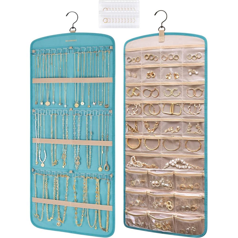 image:imageBAGSMART Hanging Jewelry Organizer Storage with Hanger Metal Hooks DoubleSided Jewelry Holder for Earrings Necklaces Rings on Closet Wall Door 1 piece Large BlackTeal