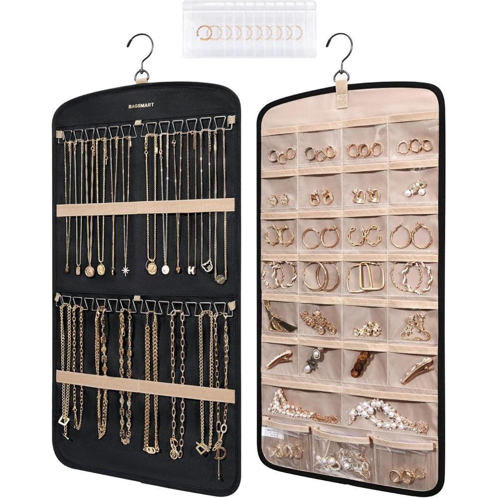 image:imageBAGSMART Hanging Jewelry Organizer Storage with Hanger Metal Hooks DoubleSided Jewelry Holder for Earrings Necklaces Rings on Closet Wall Door 1 piece Large BlackBlack