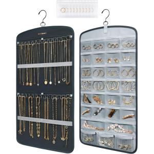 BAGSMART Hanging Jewelry Organizer Storage with Hanger Metal Hooks Double-Sided Jewelry Holder for Earrings, Necklaces, Rings on Closet, Wall, Door, 1 piece Large Black(Grey)