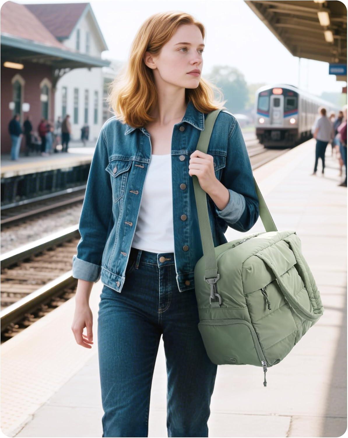image:imageBAGSMART Large Gym Bag for Women Carry on Travel Duffel Bag Waterresistant Weekender with Shoe Compartment for Gym Travel Work ClassicGreen