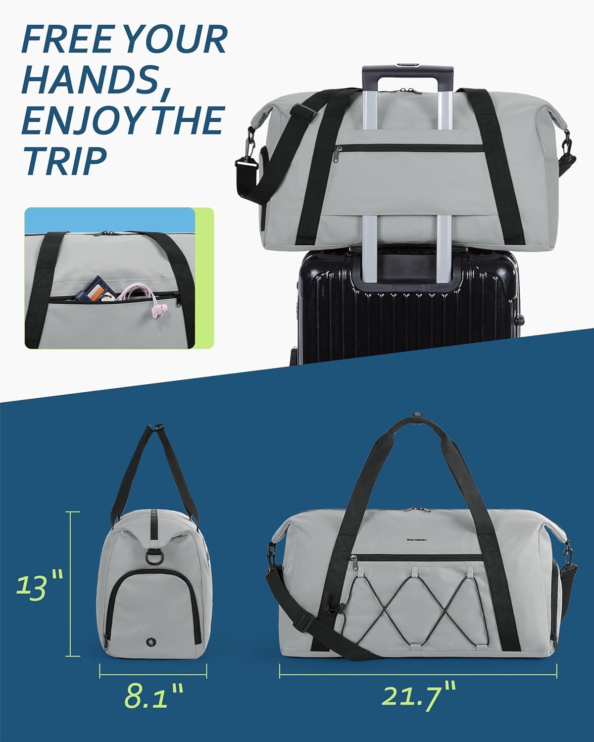 image:imageBAGSMART Gym Bag With Shoe Compartment amp Wet Pocket Lightweight Sports Travel Duffel Bag Carry On Bag Weekender Overnight Bag Water Resistant Sports Gym Tote Bags Swimming Yoga Almond OilGrey