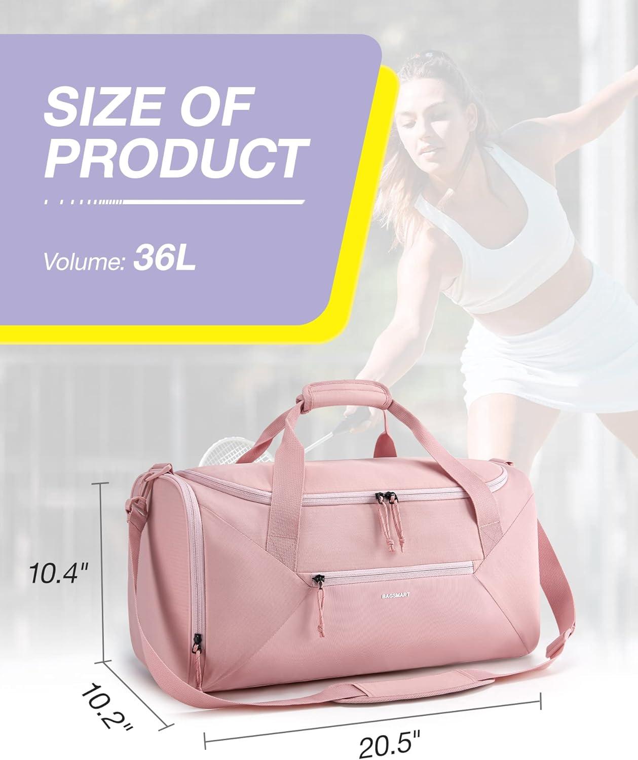 image:imageBAGSMART Gym Bag for Women 36L Small Sports Duffle Bag With Shoe Bag Lightweight Overnight Weekender Travel Duffel Bag Water Resistant Workout Sports Bag for Travel Pink