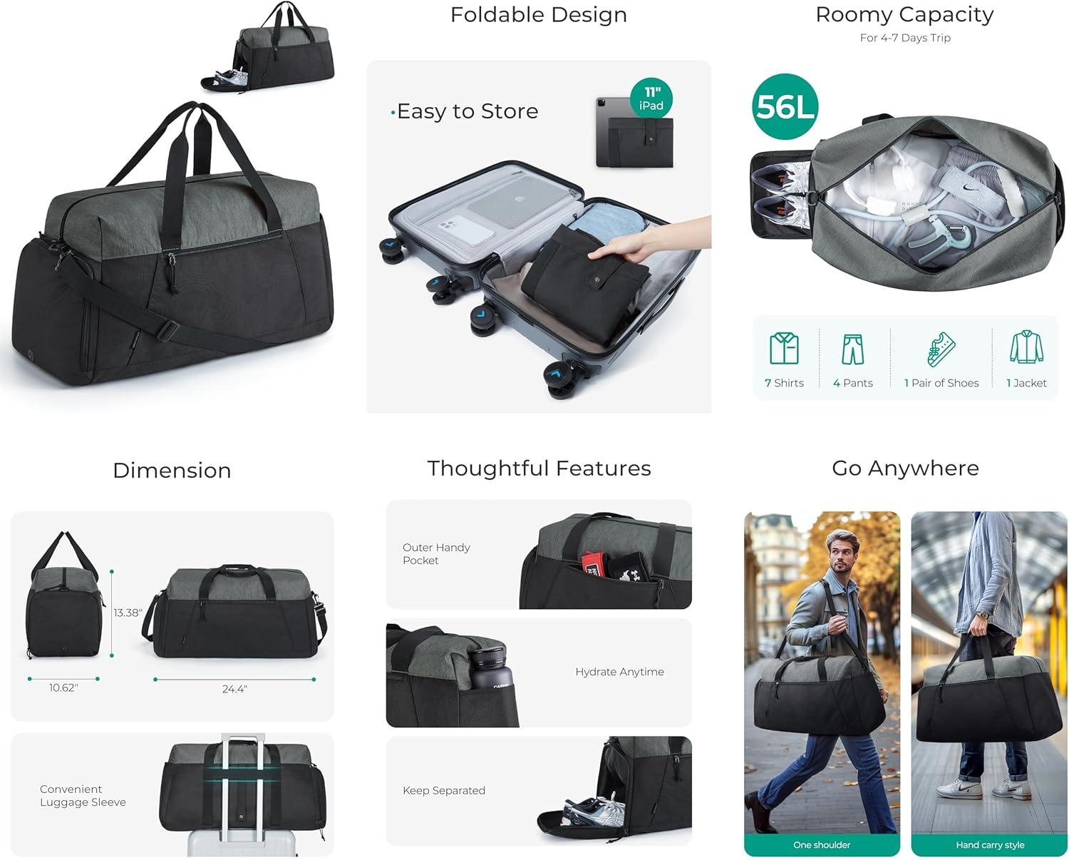 image:imageBAGSMART Gym Bags for Men Women Foldable Travel Duffle Bag Lightweight Weekender Duffel Bag With Shoe Compartment Water Resistant Workout Duffle Sports Bag for Travel Yoga BlackBlack
