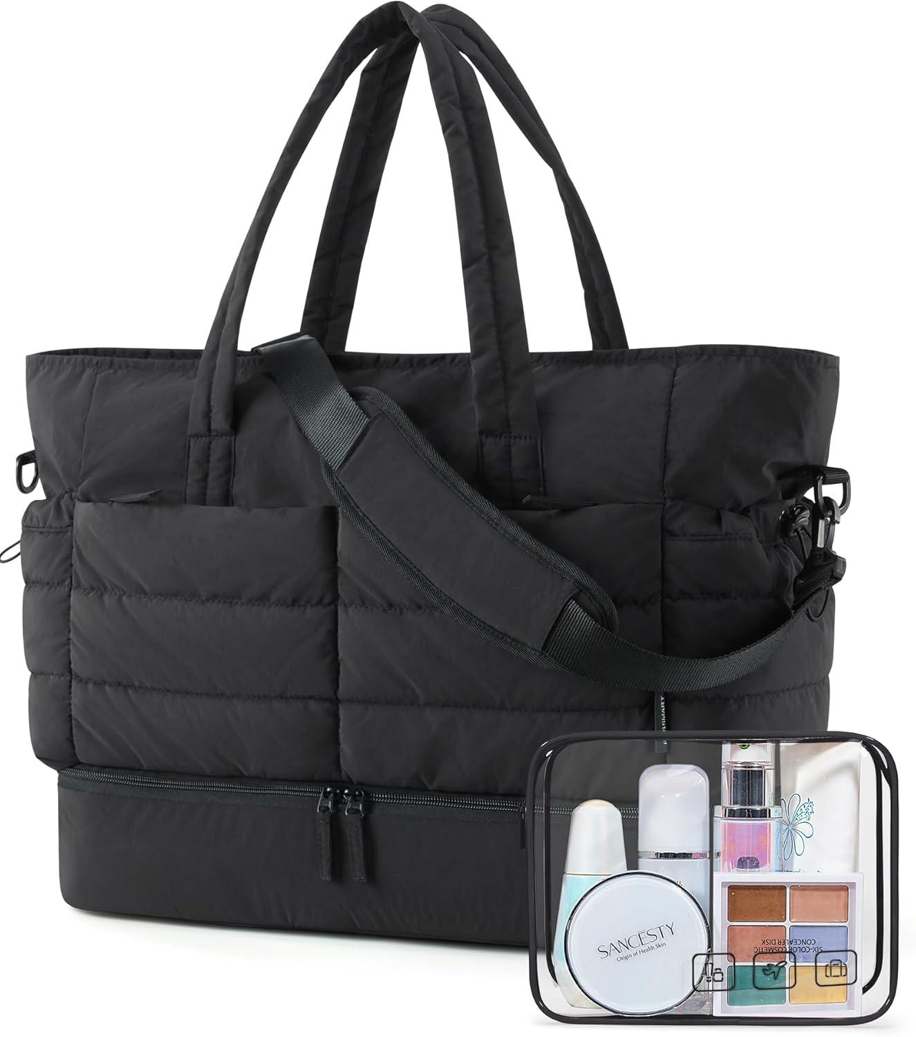 image:imageBAGSMART Large Travel Duffel Bag with Shoe Compartment Puffer CarryOn Gym Weekender Bag for Women Faint YellowCharcoal