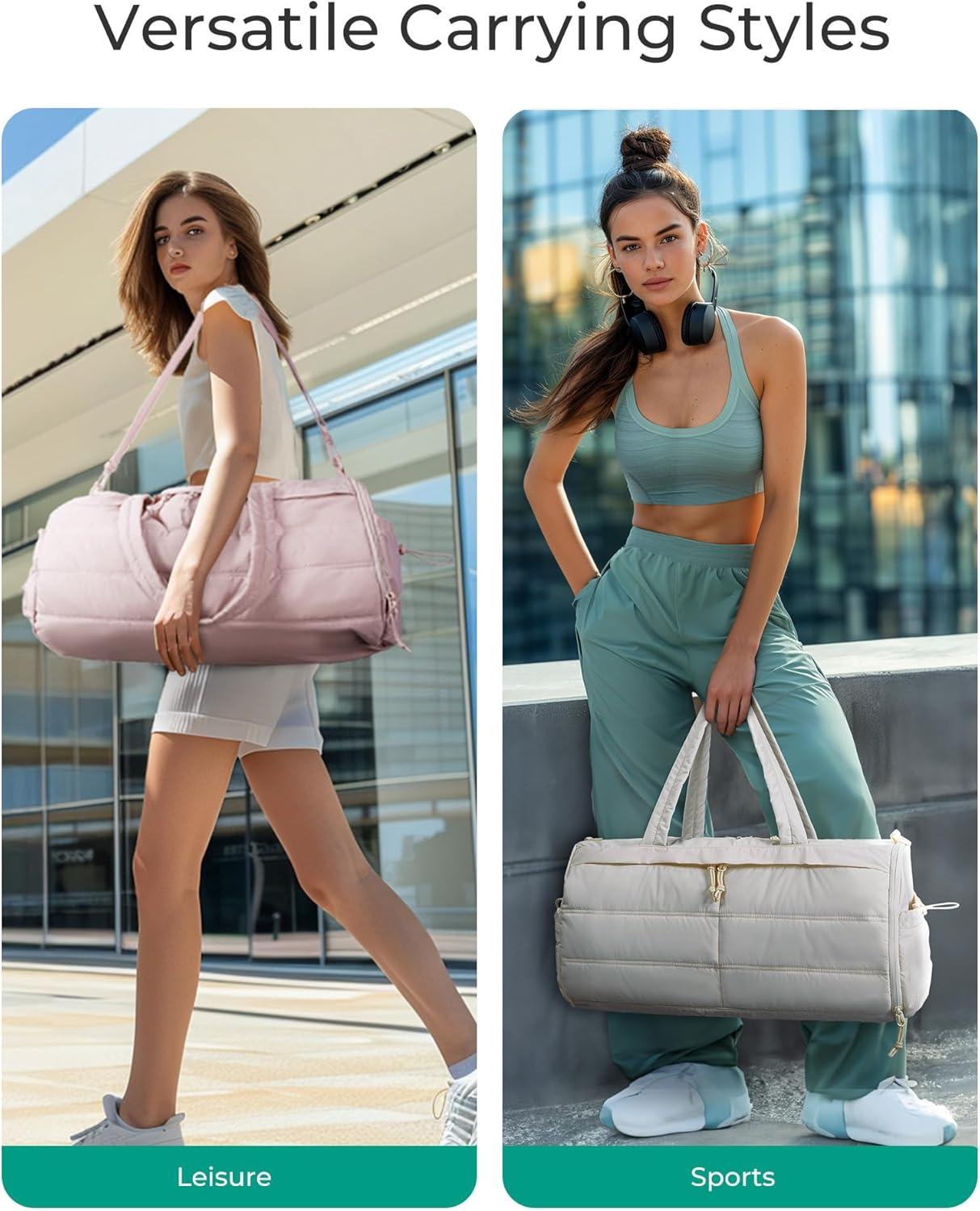 image:imageBAGSMART Puffer Gym Bag for Women Lightweight Duffel with Shoe Compartment Weekender Bags with Wet Pocket Workout Overnight Carry on for Travel BeigeCamel