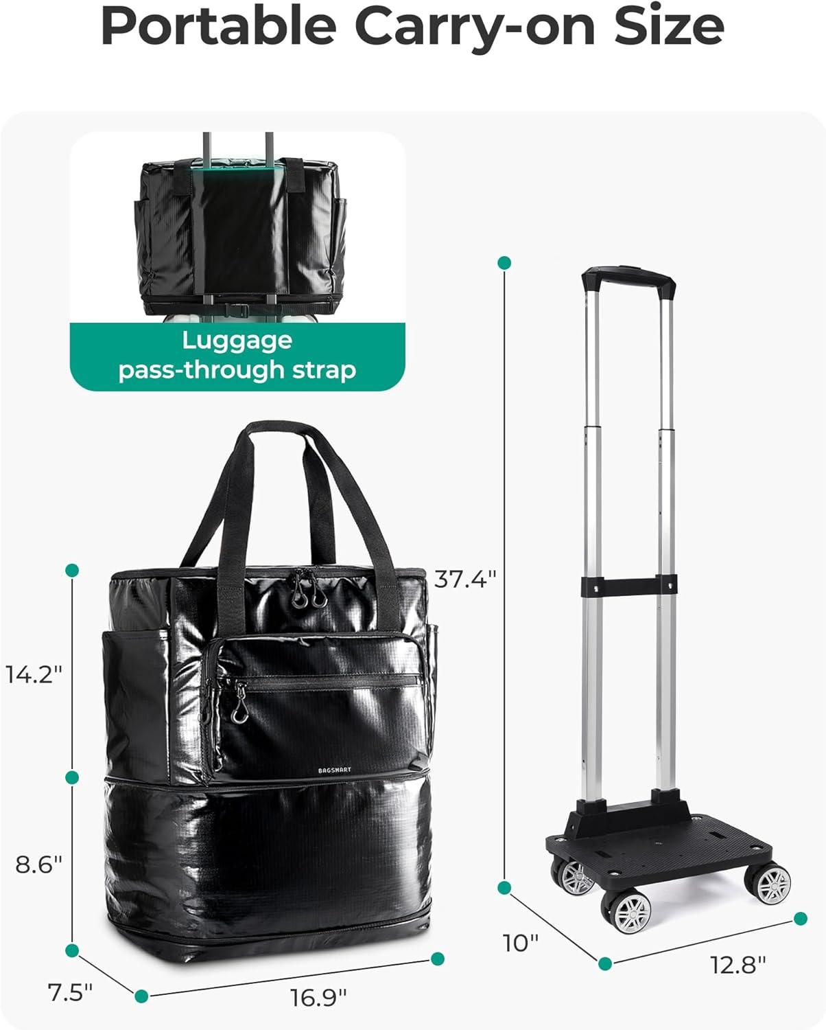 image:imageBAGSMART Rolling Duffle Bag with Wheels 48L Expandable Carry on Luggage Bag Large Tote with Detachable Wheels for Travel Grocery Moving BlackPurple