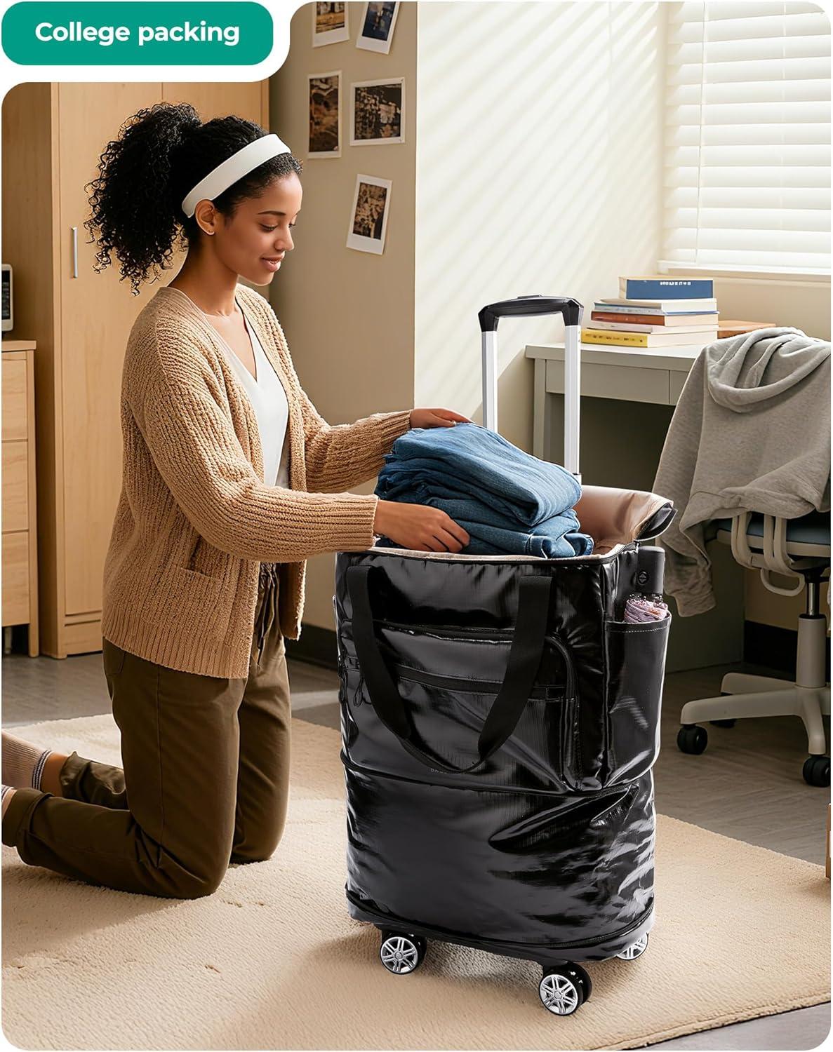 image:imageBAGSMART Rolling Duffle Bag with Wheels 48L Expandable Carry on Luggage Bag Large Tote with Detachable Wheels for Travel Grocery Moving BlackPurple