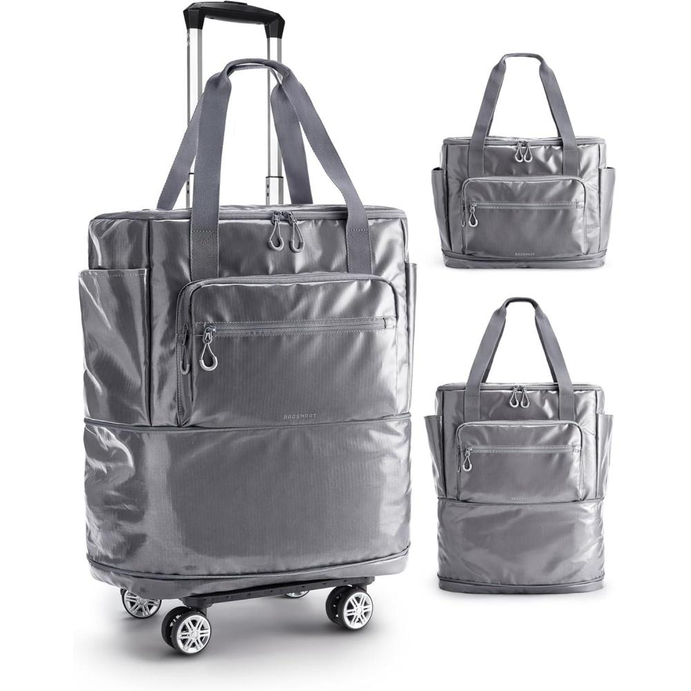 image:imageBAGSMART Rolling Duffle Bag with Wheels 48L Expandable Carry on Luggage Bag Large Tote with Detachable Wheels for Travel Grocery Moving BlackGrey