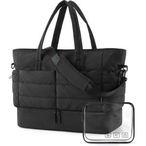 BAGSMART Large Travel Duffel Bag with Shoe Compartment, Puffer Carry-On Gym Weekender Bag for Women, Faint Yellow(Charcoal)
