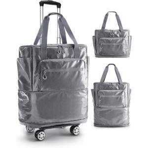 BAGSMART Rolling Duffle Bag with Wheels, 48L Expandable Carry on Luggage Bag, Large Tote with Detachable Wheels for Travel Grocery Moving, Black(Grey)