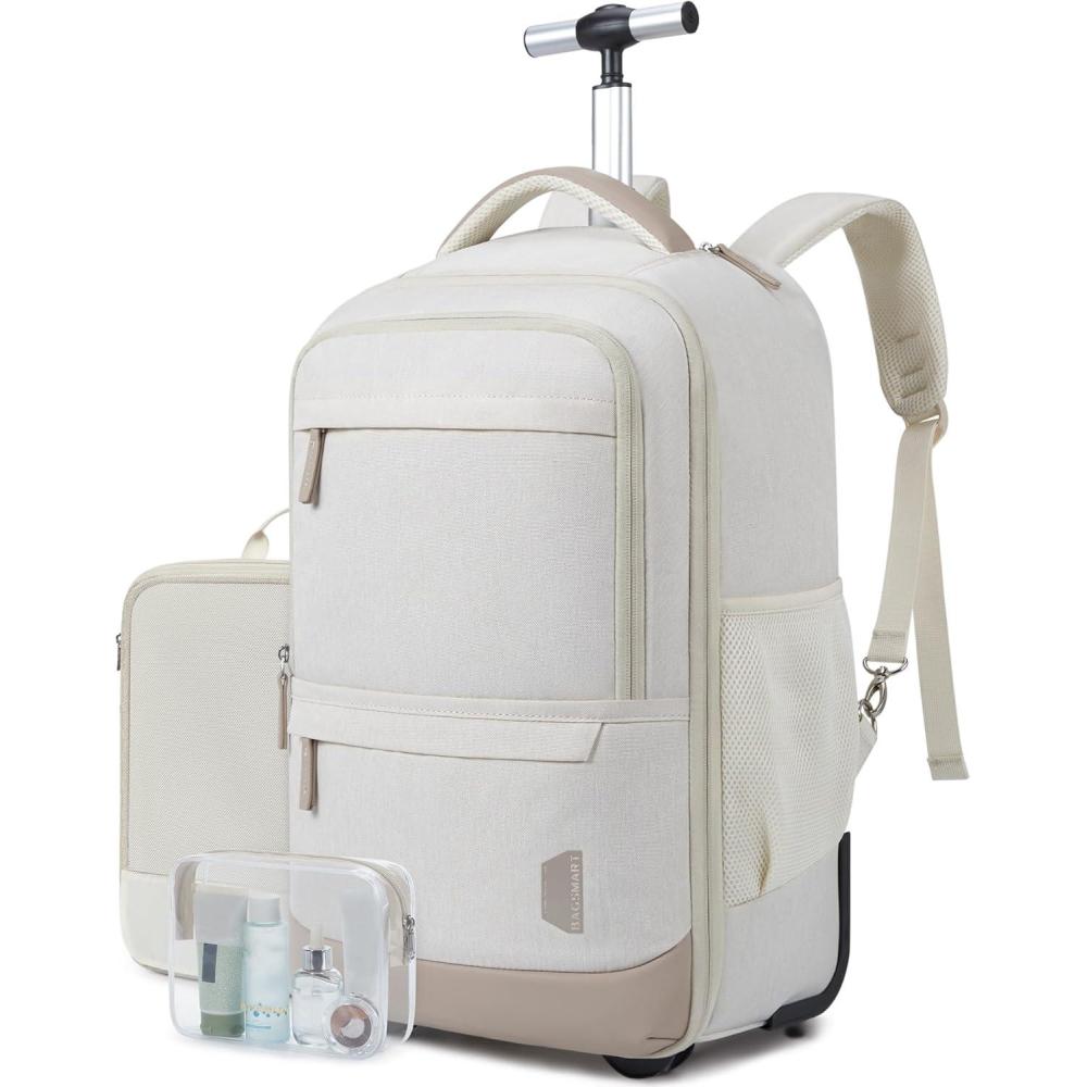 image:imageBAGSMART 37L Compression Travel Backpack Expandable Carry On Backpack with Packing Cubes Water Resistant Weekender Backpack Fits 17 Inch laptop Luggage Daypack with Shoe Bag GreyBeige With Wheels
