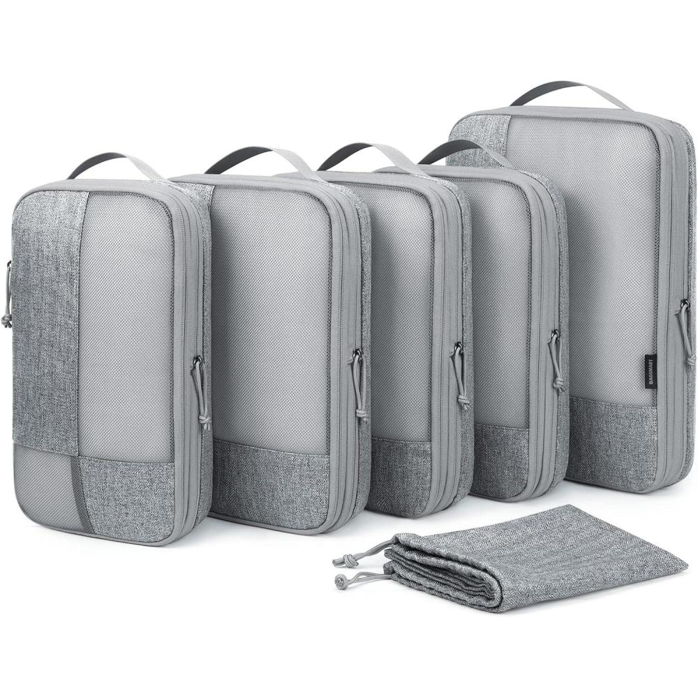 image:imageBAGSMART Compression Packing Cubes for Travel 6 Set Packing Cubes for Carry on Suitcases Compression Travel Cubes amp Suitcase Organizer for Packing with Shoe Bag Sky Blue01Grey