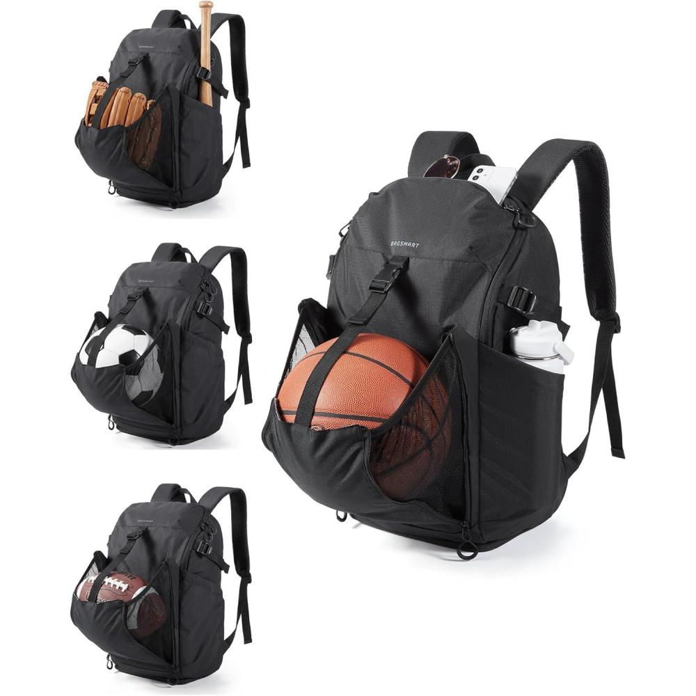 image:imageBAGSMART Basketball Bag with Shoes Compartment Basketball Backpack with Ball Holder Functional Gym Bag for Velleyball Soccer amp BaseballBlack