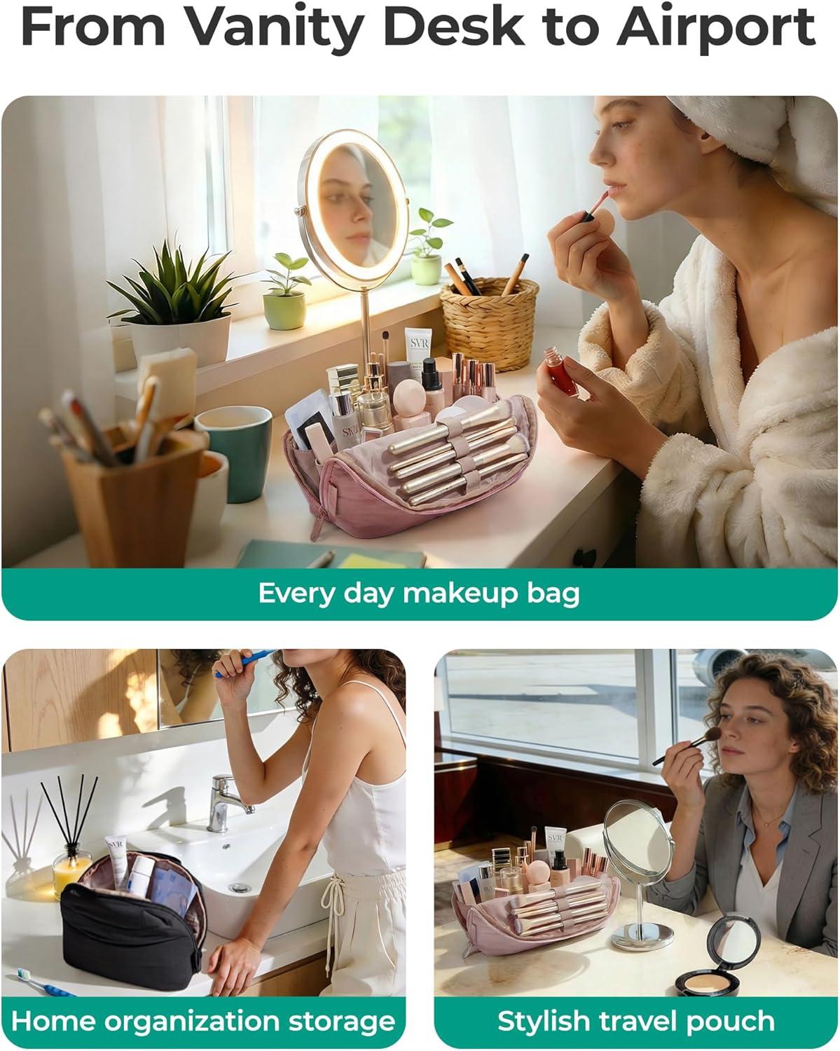 image:imageBAGSMART Travel Makeup Bag for Women Portable Folddown Cosmetic Case Puffy Padded Make Up Organizer Pouch Waterresistant Toiletry Bag for Toiletries Brushes Leopard PrintBrown