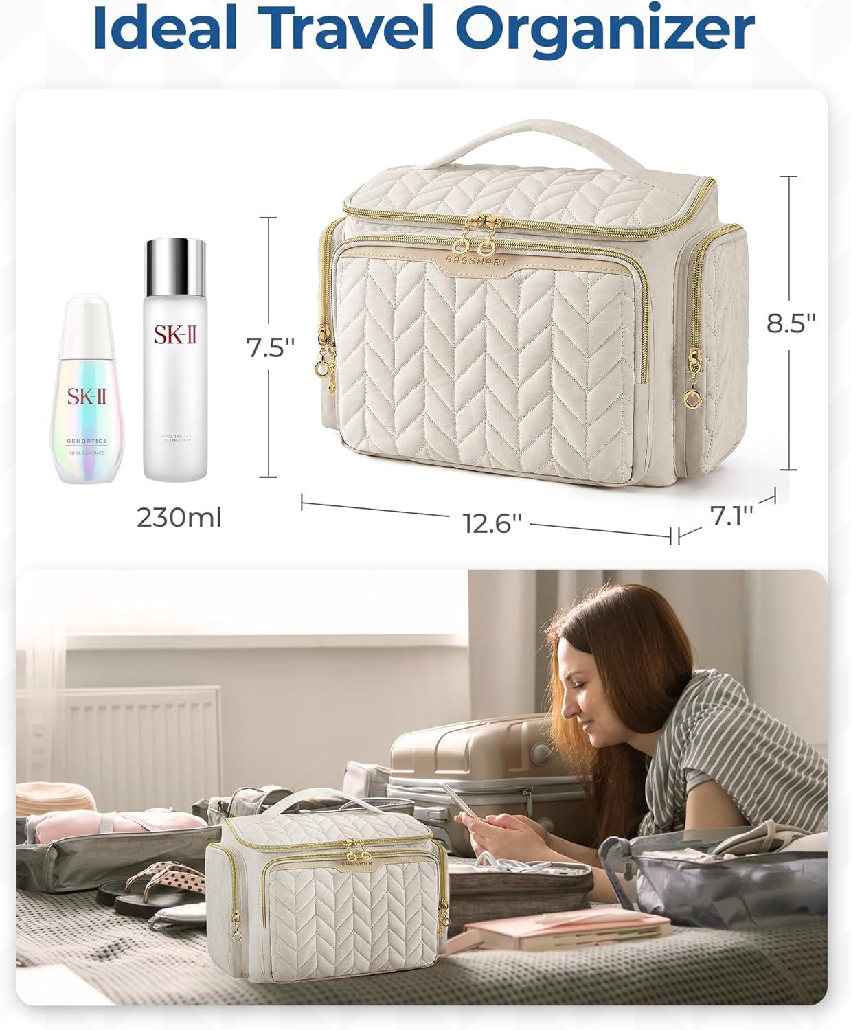 image:imageBAGSMART Travel Toiletry Bag Large Wideopen Travel Bag for Toiletries Makeup Cosmetic Travel Bag with HandleCamelBlack