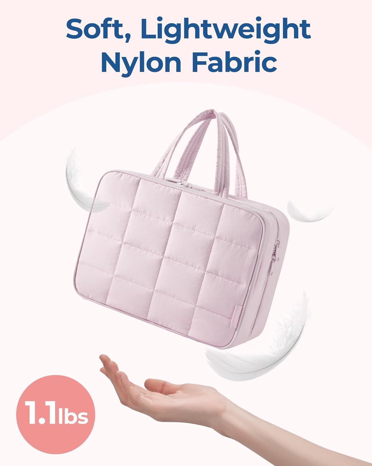image:imageBAGSMART Travel Toiletry Bag with Jewelry Organizer Hanging Travel Bag for Toiletries Puffy Makeup Cosmetic Bag Organizer Carryon Travel Accessories Essentials BeigeMPink