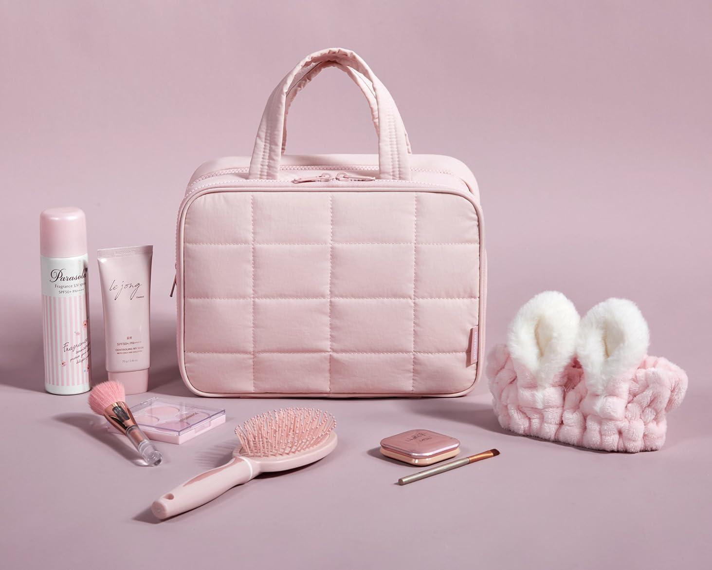 image:imageBAGSMART Travel Toiletry Bag with Jewelry Organizer Hanging Travel Bag for Toiletries Puffy Makeup Cosmetic Bag Organizer Carryon Travel Accessories Essentials BeigeMPink