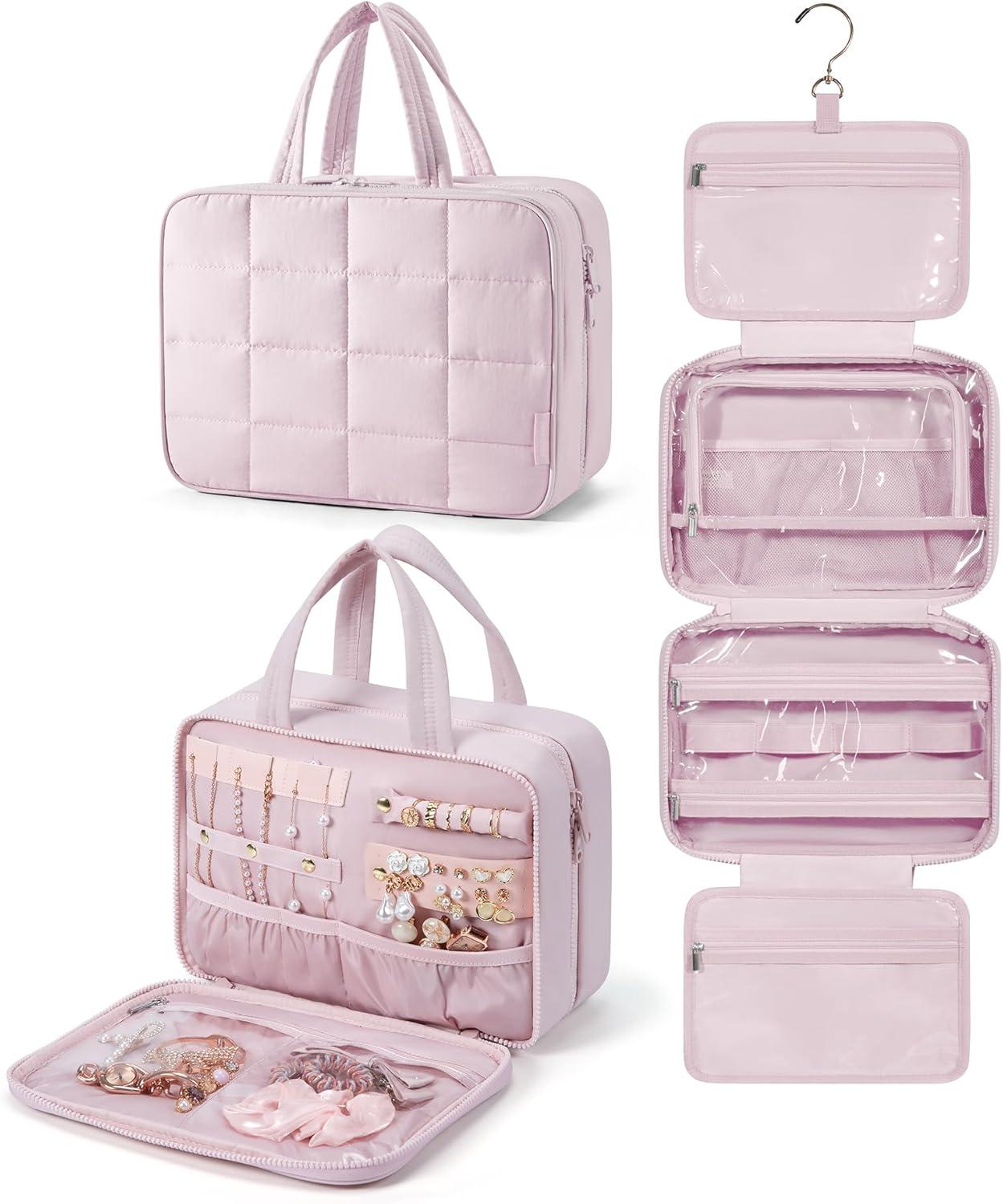 image:imageBAGSMART Travel Toiletry Bag with Jewelry Organizer Hanging Travel Bag for Toiletries Puffy Makeup Cosmetic Bag Organizer Carryon Travel Accessories Essentials BeigeMPink