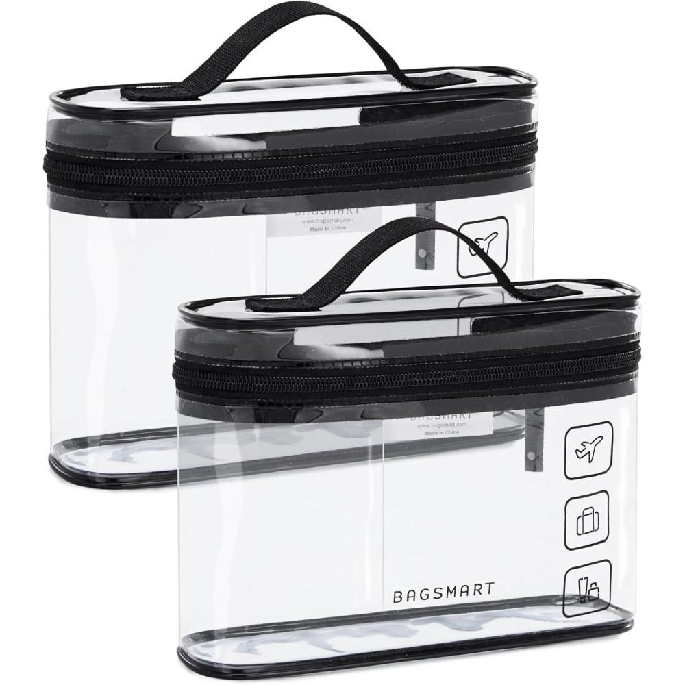 image:imageBAGSMART TSA Approved Toiletry Bag 2 Pack Clear Makeup Cosmetic Bag Organizer Quart Size Travel Bag for Toiletries Carryon Travel Accessories Essentials Pink2pcsBlack