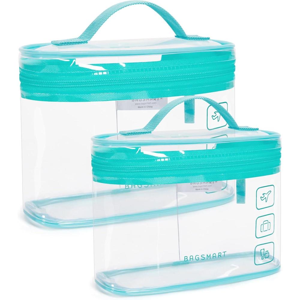 image:imageBAGSMART TSA Approved Toiletry Bag 2 Pack Clear Makeup Cosmetic Bag Organizer Quart Size Travel Bag for Toiletries Carryon Travel Accessories Essentials Pink2pcsGreen