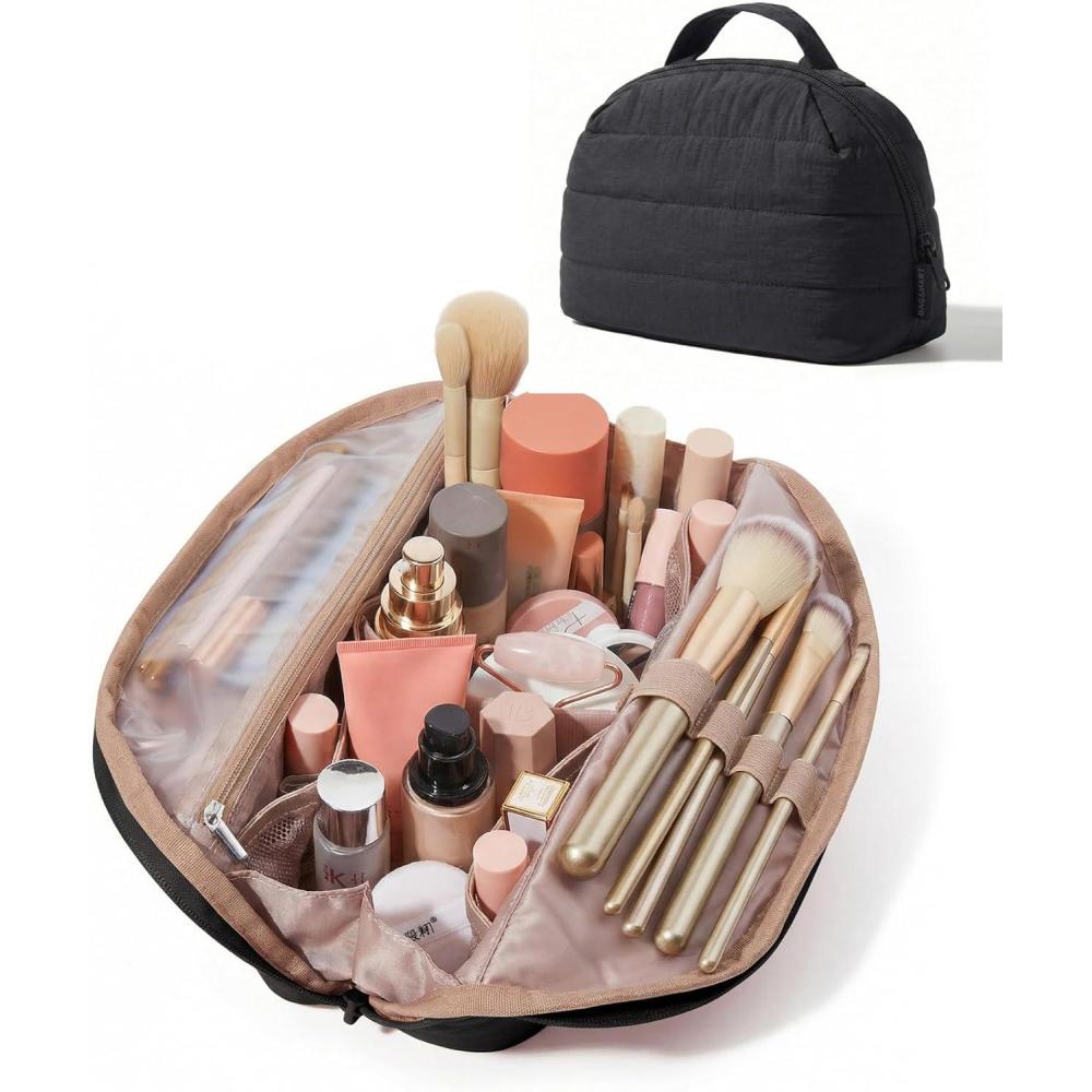image:imageBAGSMART Travel Makeup Bag for Women Portable Folddown Cosmetic Case Puffy Padded Make Up Organizer Pouch Waterresistant Toiletry Bag for Toiletries Brushes Leopard PrintBlack
