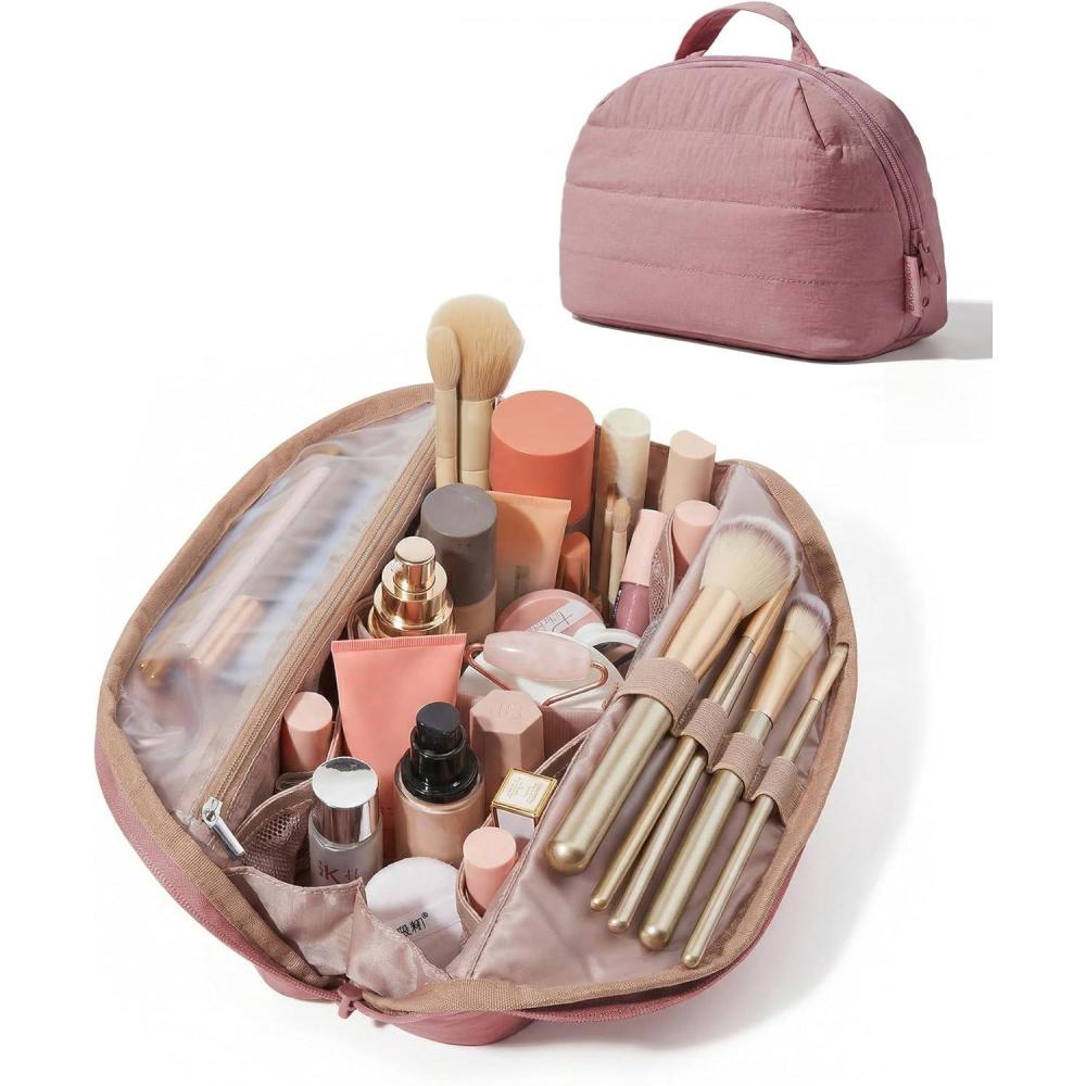 image:imageBAGSMART Travel Makeup Bag for Women Portable Folddown Cosmetic Case Puffy Padded Make Up Organizer Pouch Waterresistant Toiletry Bag for Toiletries Brushes Leopard PrintDark Pink